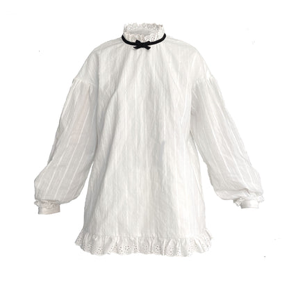 ShiChang Vintage Blouse | Lace Trim Striped Loose Shirt | Versatile White Layering Blouse blouse ShiChang
