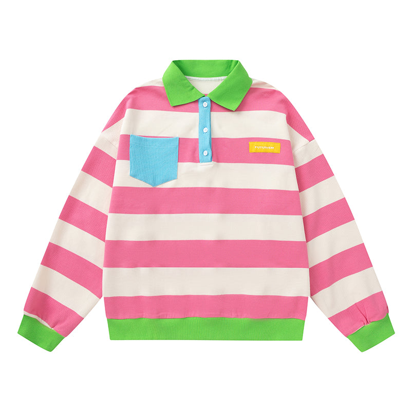 KURIOSITAET - Decora Kei Pink Striped Polo Sweatshirt sweatshirt KURIOSITAET
