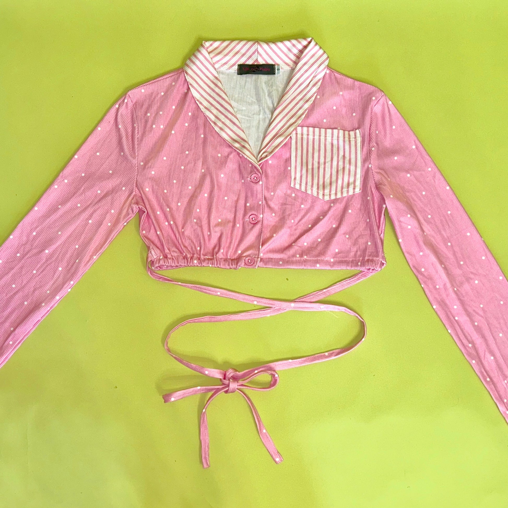 YJM with biubiu Pink Polka Dot Jacket | Striped Patchwork Tie-Up Short Jacket jacket YJM with biubiu