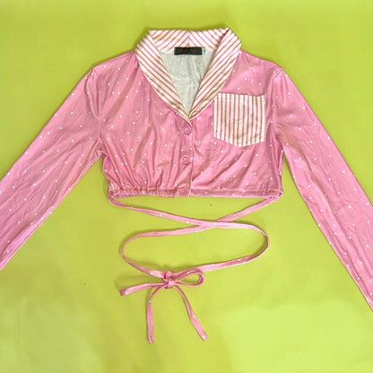 YJM with biubiu Pink Polka Dot Jacket | Striped Patchwork Tie-Up Short Jacket jacket YJM with biubiu