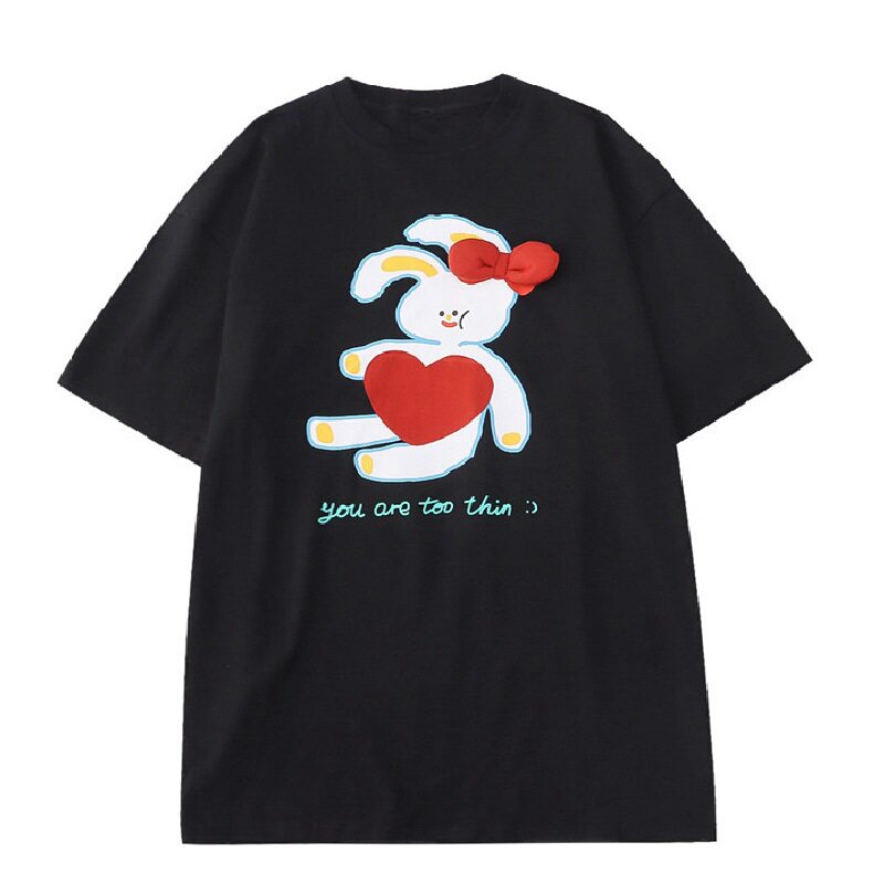 Toothshop - Whimsical Girl Heart Bunny Print Oversized T-Shirt tshirt toothshop Black S