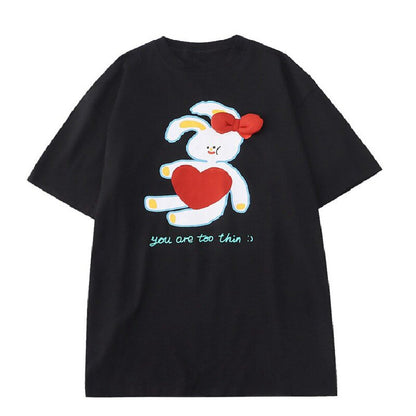 Toothshop - Whimsical Girl Heart Bunny Print Oversized T-Shirt tshirt toothshop Black S