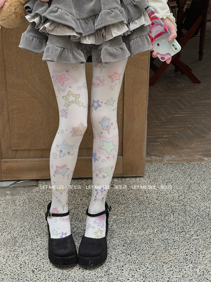 LET ME SEE Printed Velvet Tights | White Japanese-Style Pantyhose tights let me see White Stars