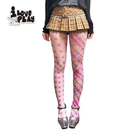Loveplay - Y2K Star Print Irregular Plaid Stockings tights loveplay Pink