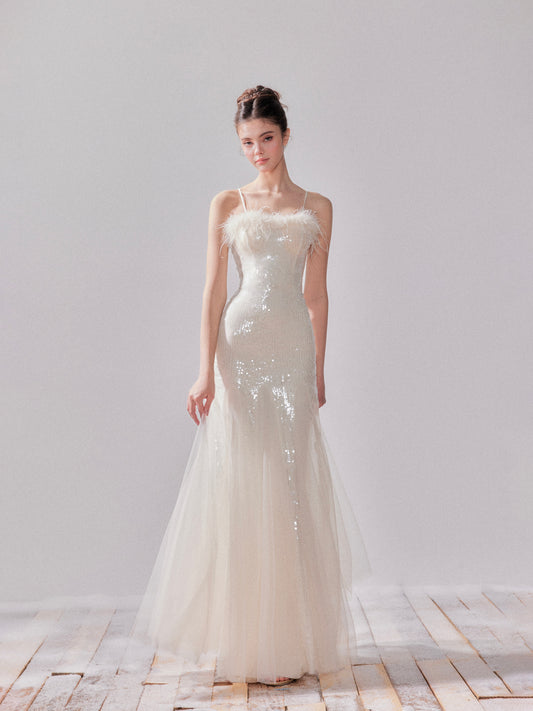 YZZI HE - “Moonlight River of Stars” Sequin Mesh Mermaid Dress dress YZZI HE White S