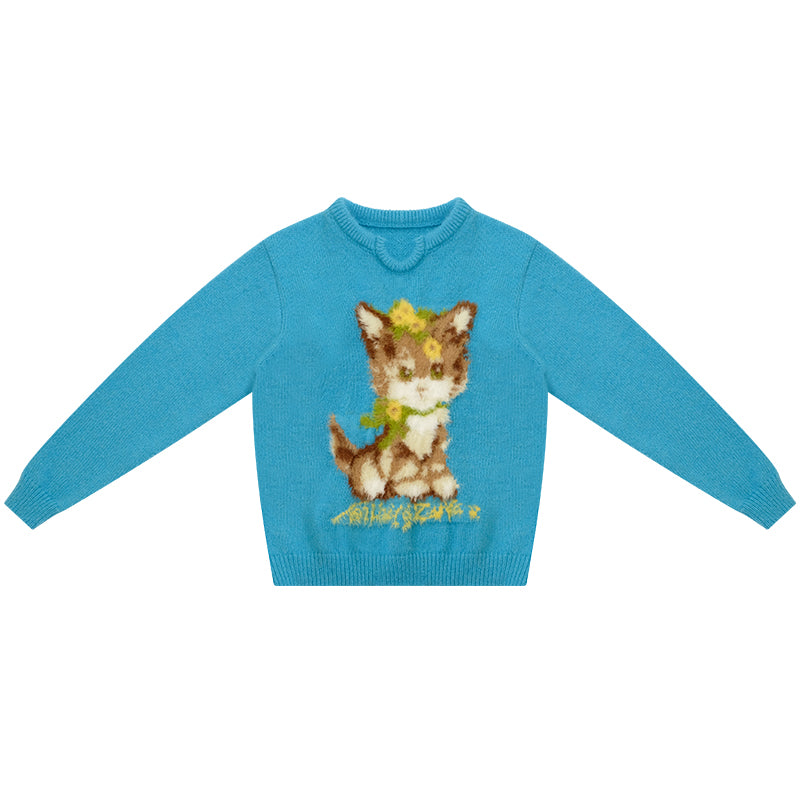 ziziFei – Girly Kei Blue Cat Knit Sweater sweater ziziFei S