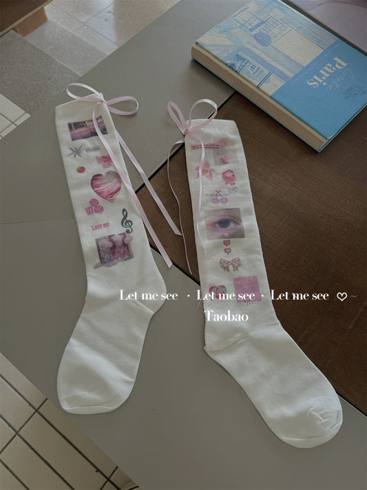 LET ME SEE Kawaii Bow Socks | Harajuku Cotton Printed Calf Socks socks let me see Pink Color Pattern Socks