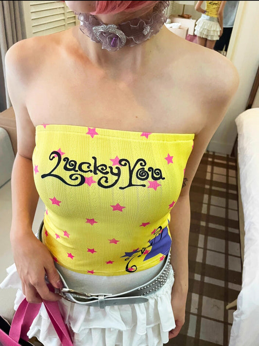 Oogreenapple - Yellow Star Print Crop Tube Top camisole Oogreenapple