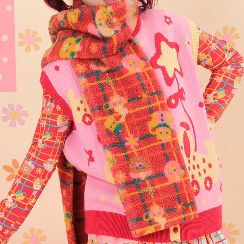 NIKKOU - Kawaii Lamb Fleece Red Scarf scarf Nikkou home