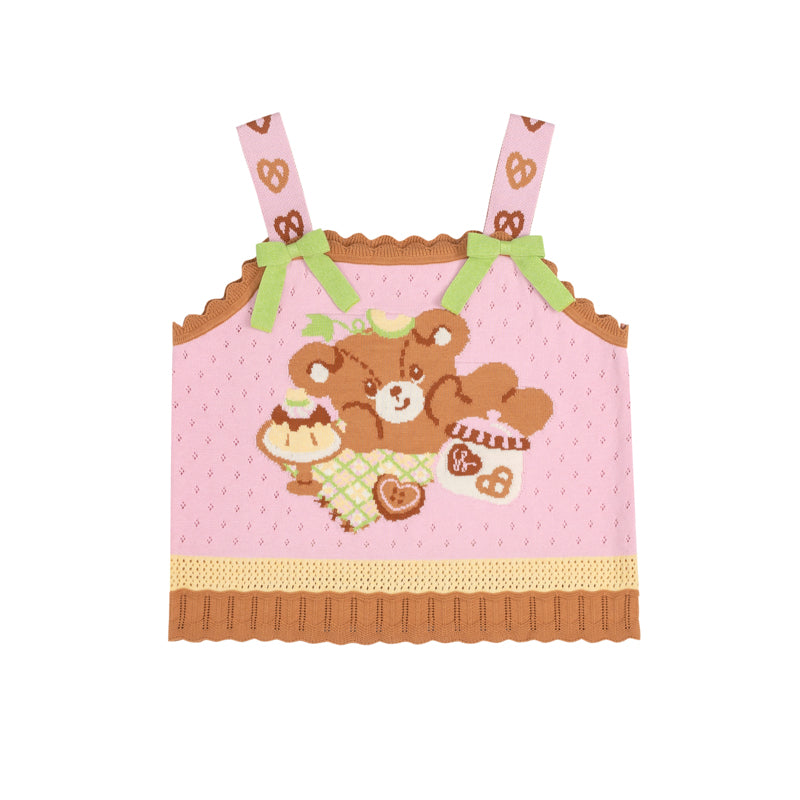 Lutra Jump - Decora Kei Pink Bear Tea Knit Tank Top tank top Lutra Jump