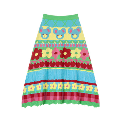 tntntutu Bear Knit Skirt | Colorful Floral Crochet Midi Skirt | Elastic Waist A-line Skirt skirt tntntutu