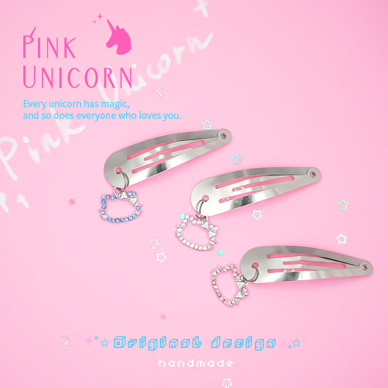 Pink Unicorn - Y2K Cool Girl Hair Clip Silver Metal Rhinestone hair clip pink unicorn