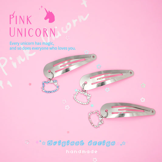Pink Unicorn - Y2K Cool Girl Hair Clip Silver Metal Rhinestone hair clip pink unicorn