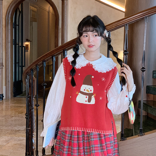Mameya - Kawaii Snowman Knit Vest Red vest Mameya