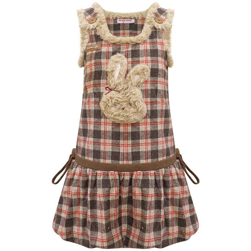 ziziFei - Brown Plaid Bunny Vest Dress dress ziziFei S
