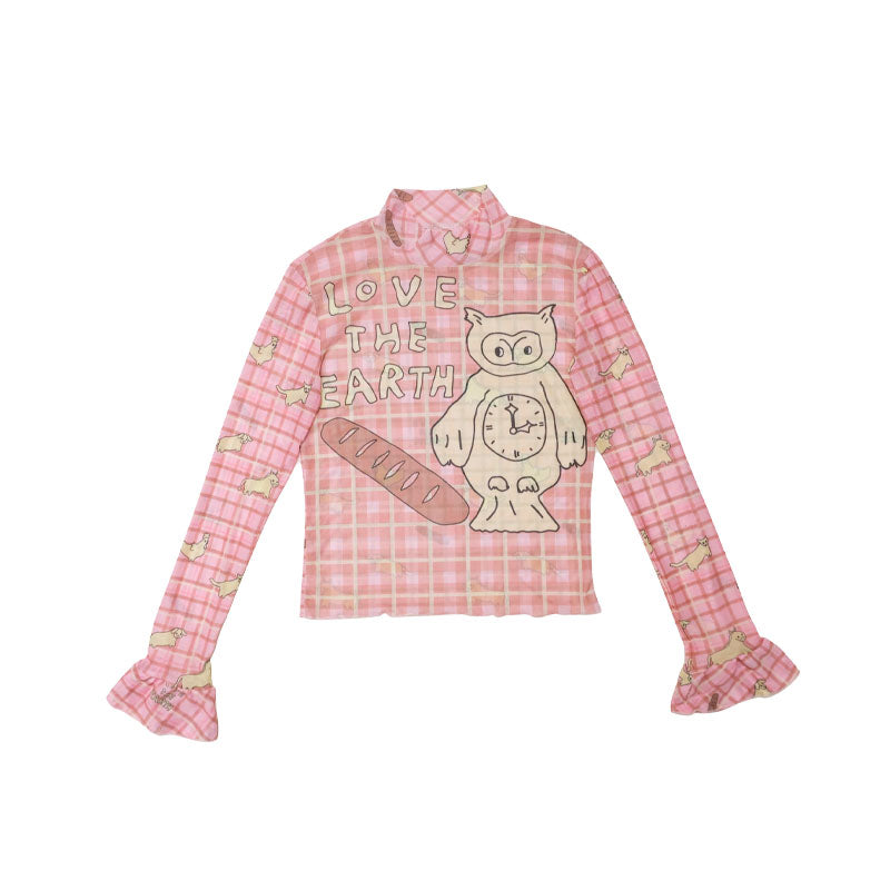 Meugler - Owl Print Ruffled Mesh Turtleneck Top shirt Meugler