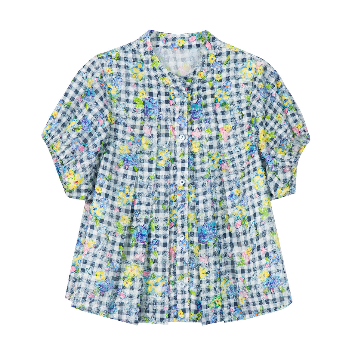 tntntutu Blue & White Plaid Floral Shirt and Mermaid Hem Skirt Set set tntntutu Top S