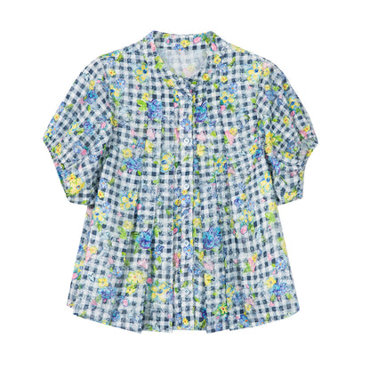 tntntutu Blue & White Plaid Floral Shirt and Mermaid Hem Skirt Set set tntntutu Top S