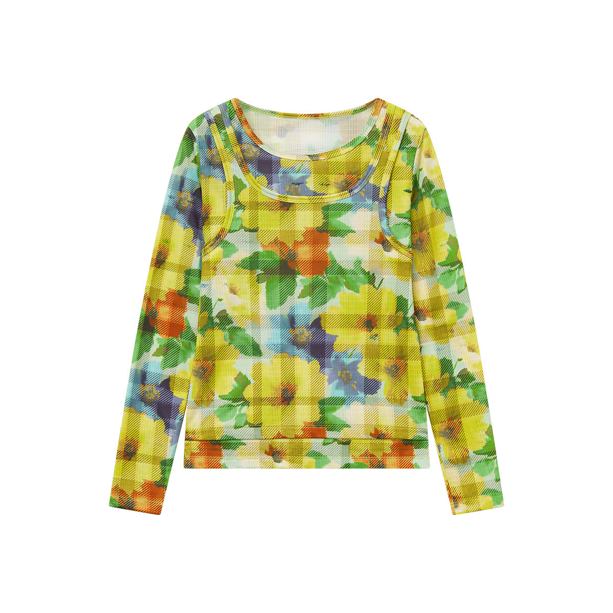 tntntutu - Bunny & Floral Plaid Slim Fit Layered Top shirt tntntutu Yellow S