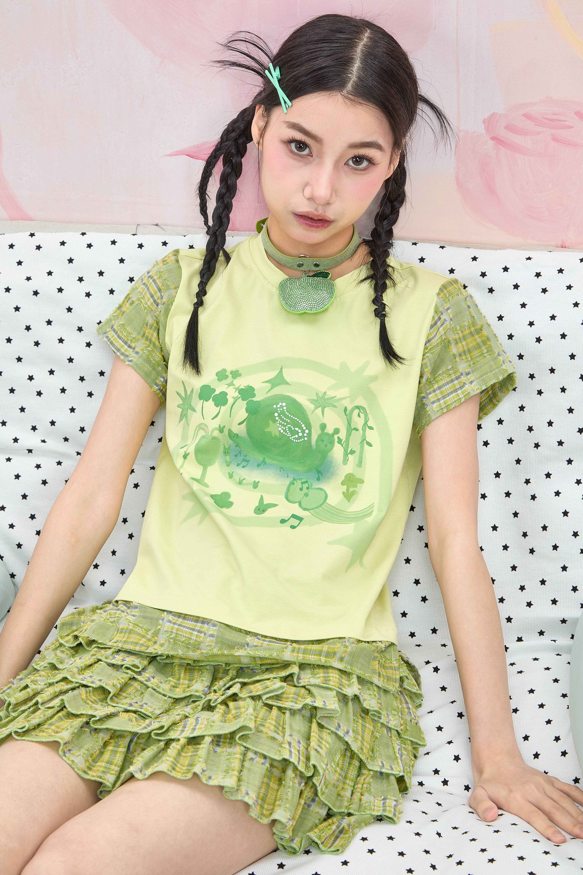 Moon Meadow - Y2K Cute Snail Print Green Contrast T-Shirt tshirt Moon Meadow