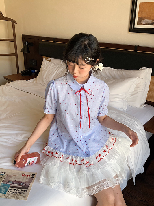 Mameya - Kawaii Lace Collar Blouse Blue Striped Ribbon Cotton shirt Mameya