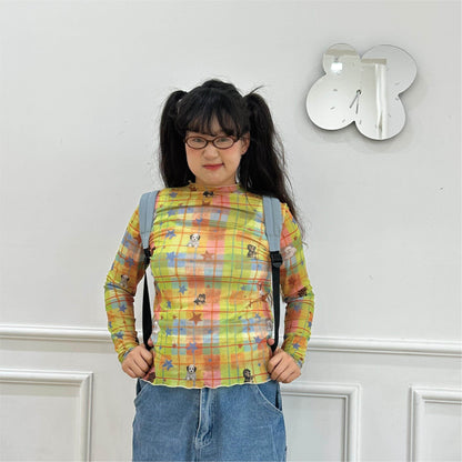 Autumn Oxygen - All-Over Puppy Print Mesh Long Sleeve Top shirt Autumn Oxygen Colorful XS