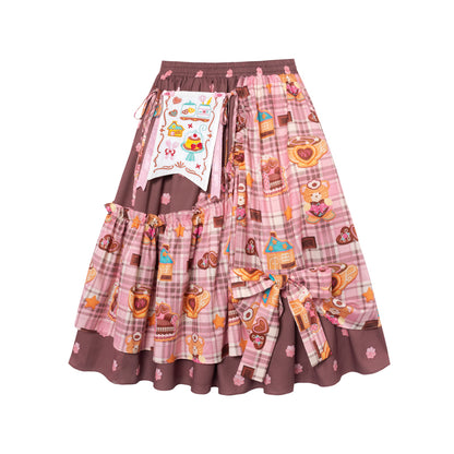 LutraJump - Kawaii Plaid Embroidered Bow Elastic Waist Skirt