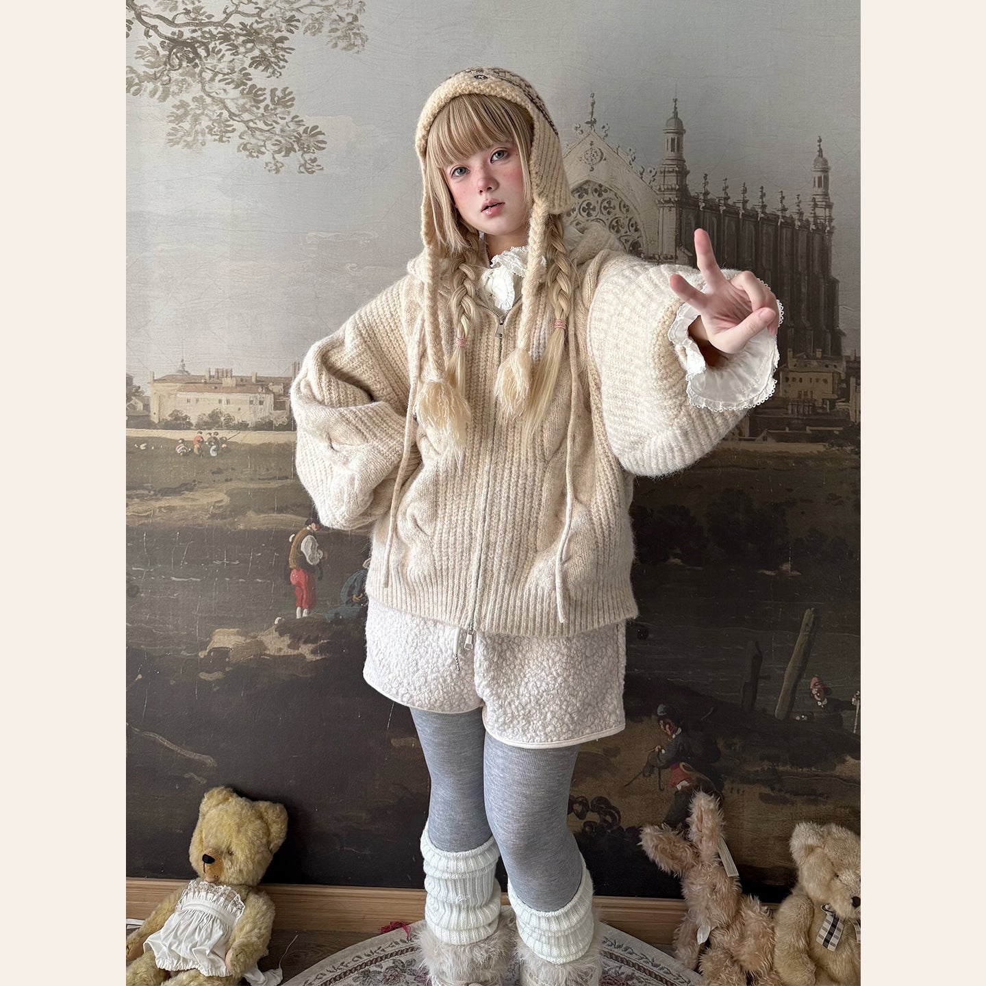 Labeau - Vintage Chunky Knit Hooded Cardigan cardigan Labeau White