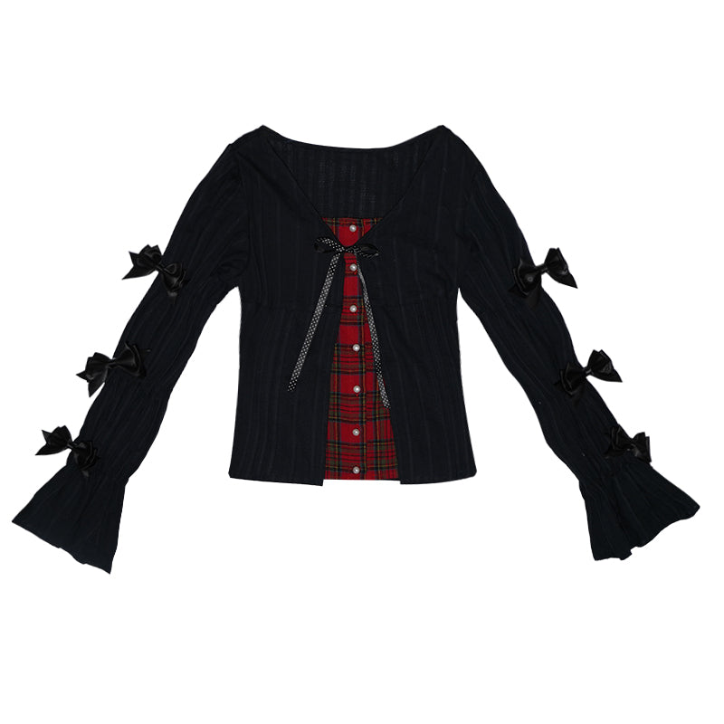 daytoday everyday institute - Girly Polka Dot Plaid Patchwork Shirt Slim Fit Long Sleeve shirt daytoday everyday institute Black S