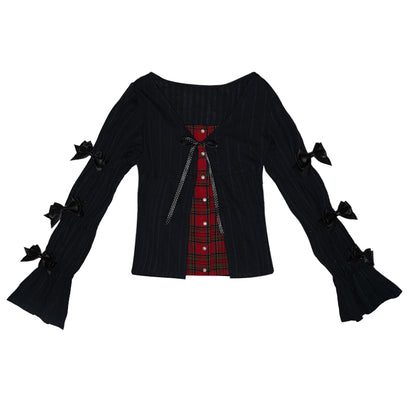 daytoday everyday institute - Girly Polka Dot Plaid Patchwork Shirt Slim Fit Long Sleeve shirt daytoday everyday institute Black S