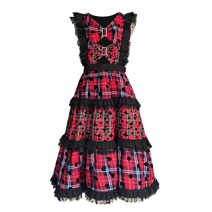 ShiChang Retro Showa Dress | Plaid Tiered Dress | Red Black High Waist Spring Dress dress ShiChang Red S