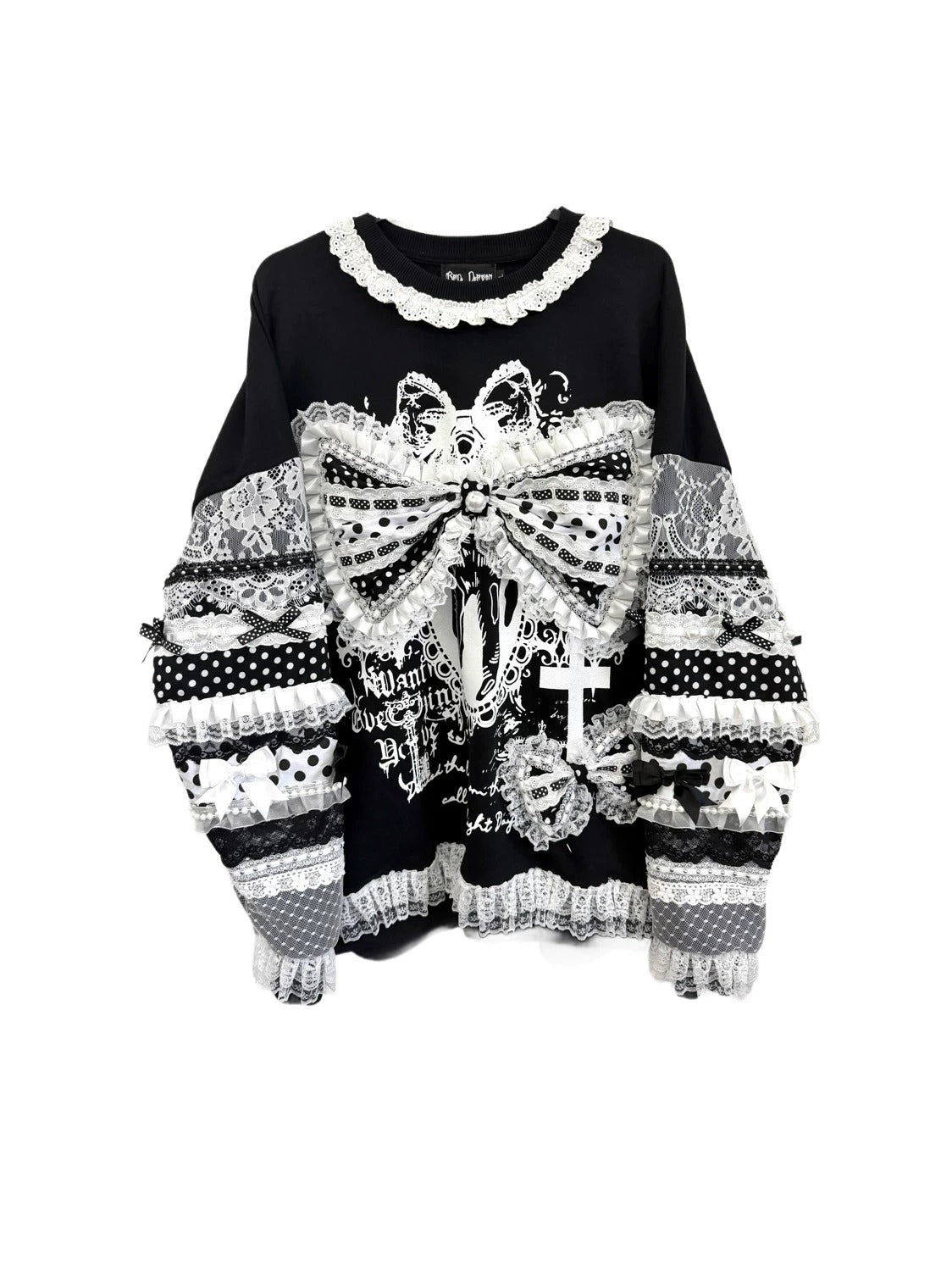 Red Devil - Lace Patchwork Bow Black Sweatshirt sweatshirt Red Devil S