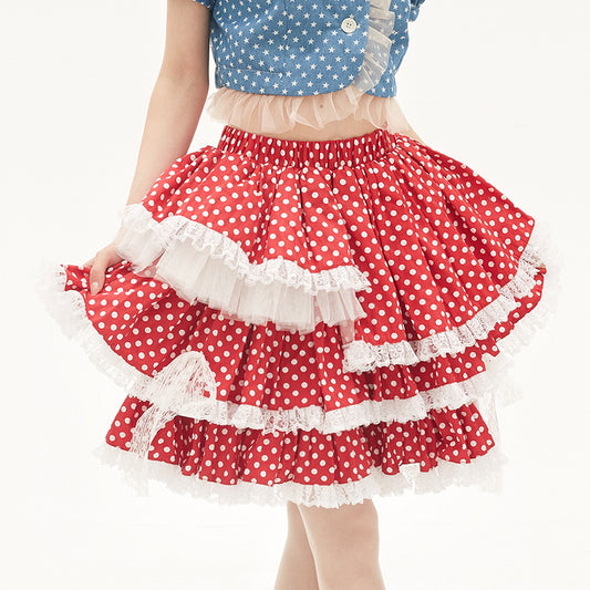 SOS MEME CLUB – Showa Retro Red Polka Dot Layered Cake Skirt skirt SOS MEME CLUB