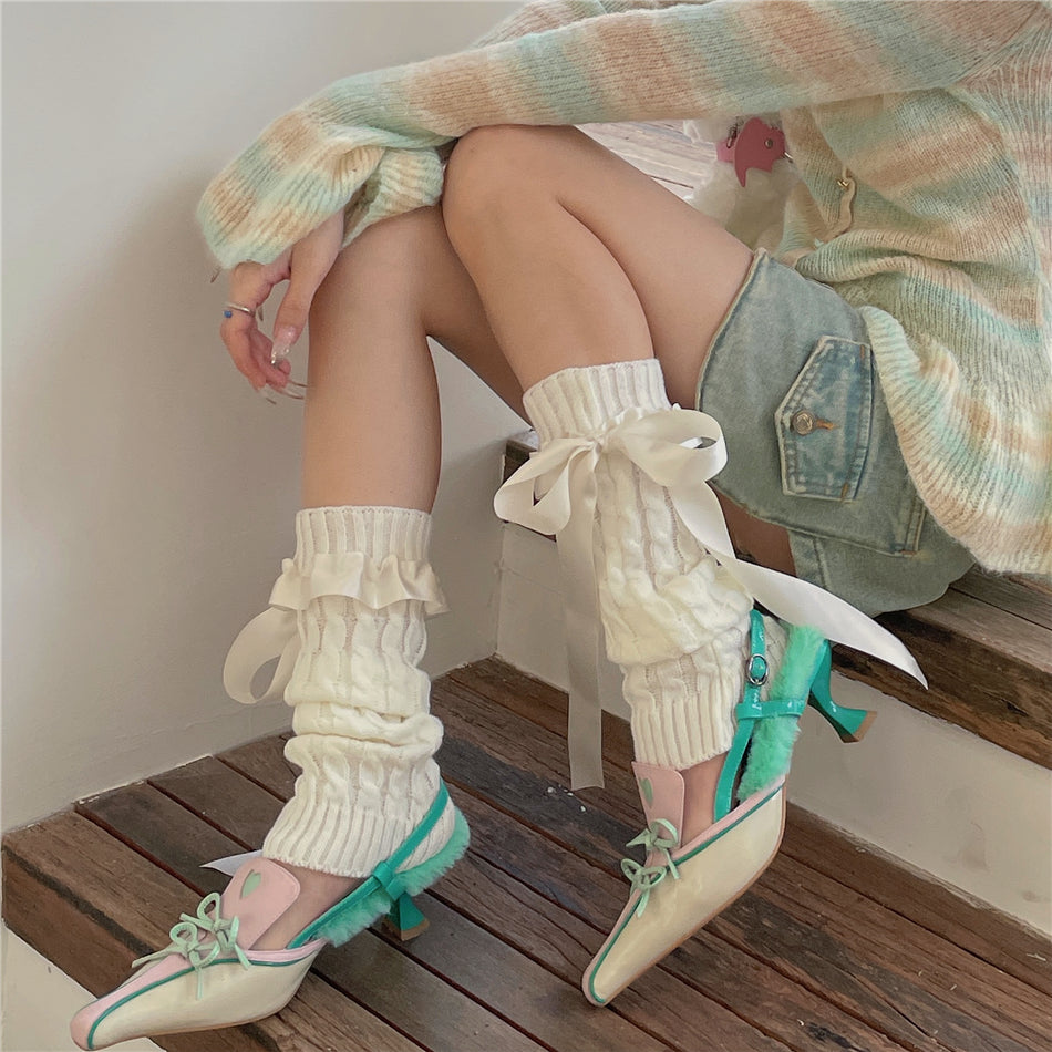 LET ME SEE - Kawaii Satin Ribbon Bow Leg Warmers leg warmmers let me see White Leg Warmers with White Ribbon