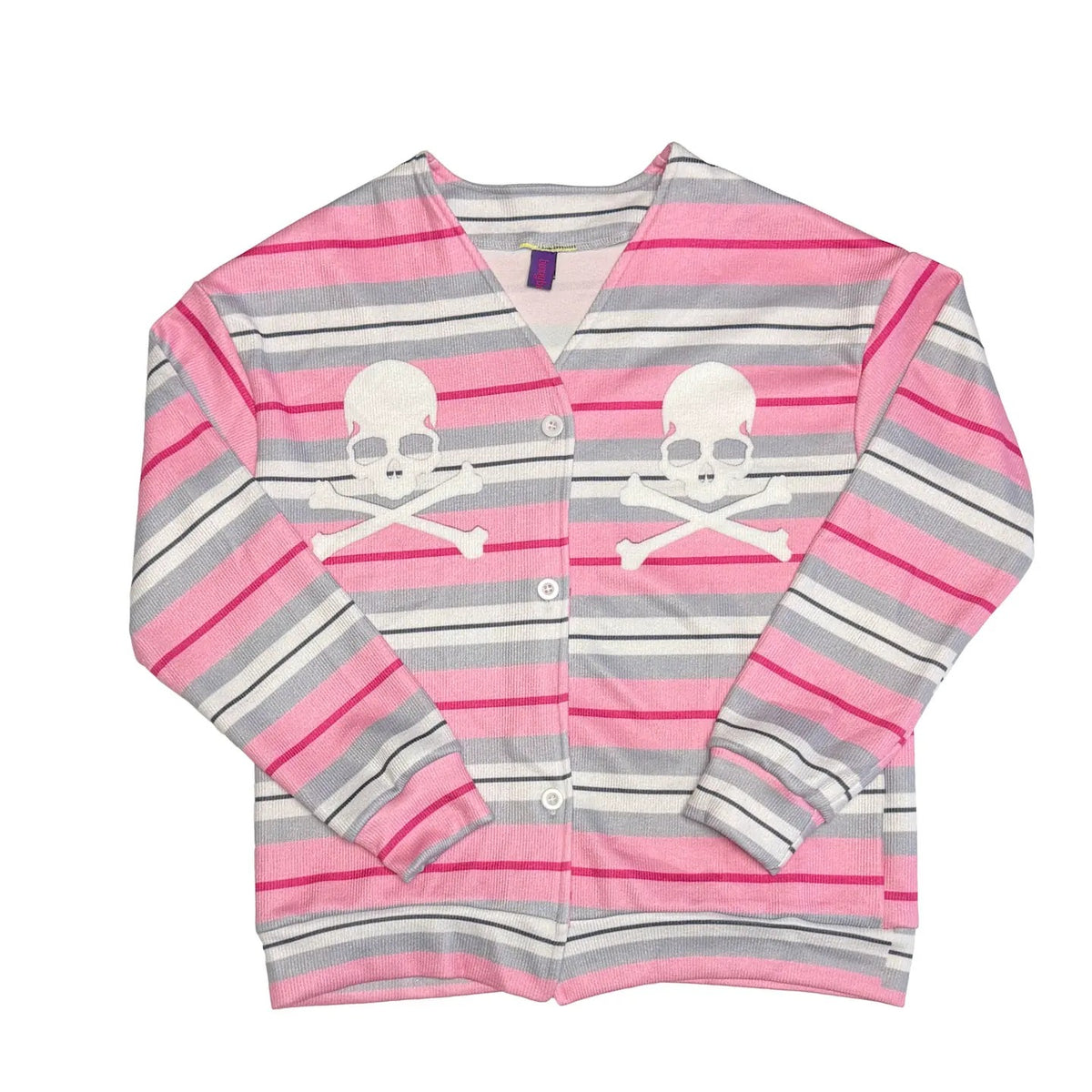 bunnybunnygun - Pink Stripe Skull V-Neck Cardigan cardigan bunnybunnygun M