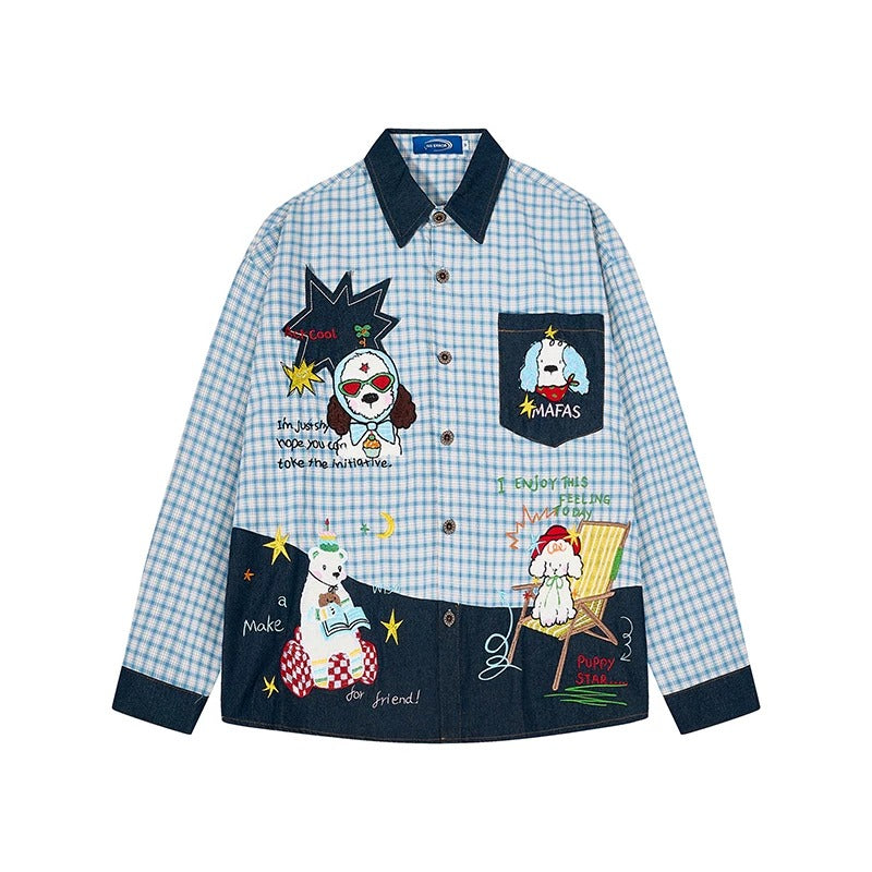 BIBULU - Kawaii Dog Embroidered Plaid Shirt shirt BIBULU M