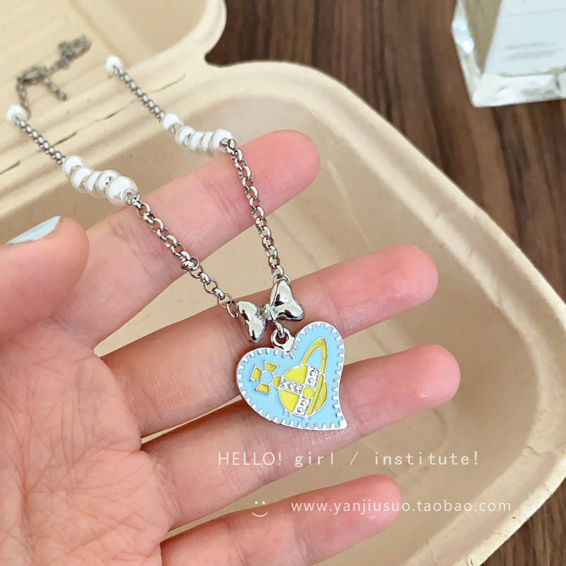 GIRL INSTITUTE - Colorful Pearl Heart Necklace necklace GIRL INSTITUTE Blue Pendant Necklace