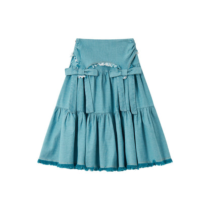 Tntntutu - Kawaii Blue Denim Bow Tassel Layered Skirt skirt tntntutu