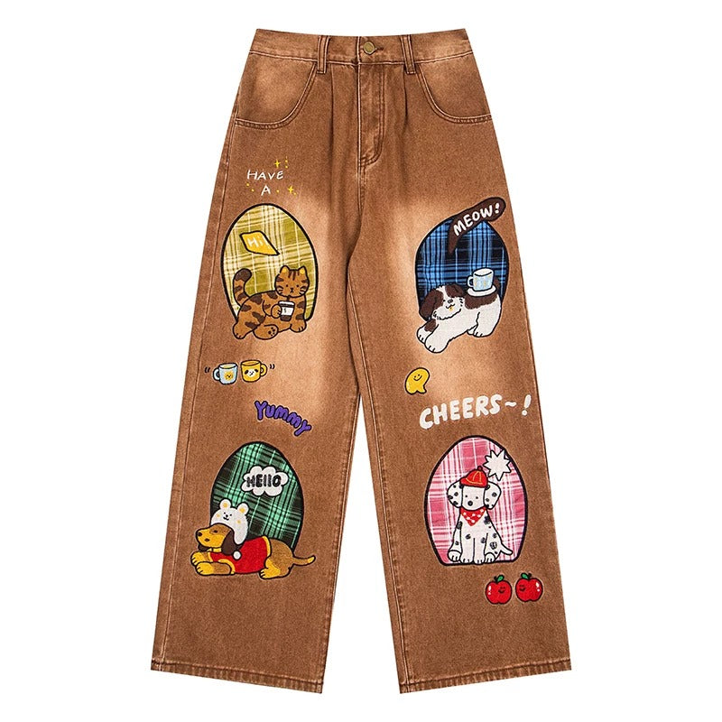BIBULU - Brown Vintage Cat Dog Embroidered Wide-Leg Jeans pants BIBULU M