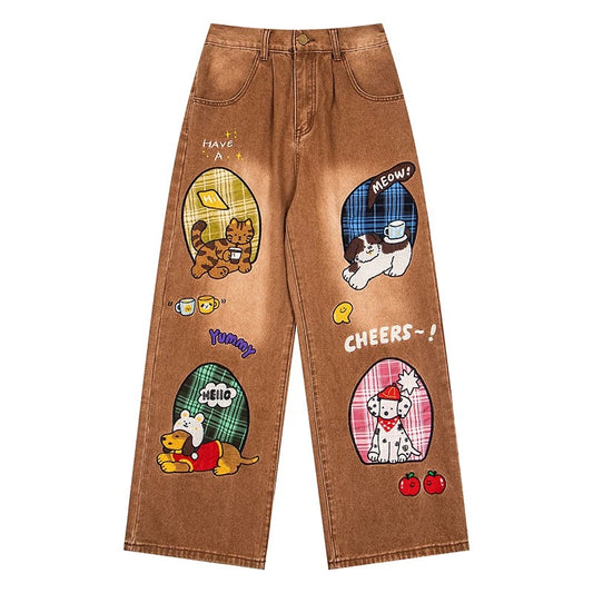 BIBULU - Brown Vintage Cat Dog Embroidered Wide-Leg Jeans pants BIBULU M