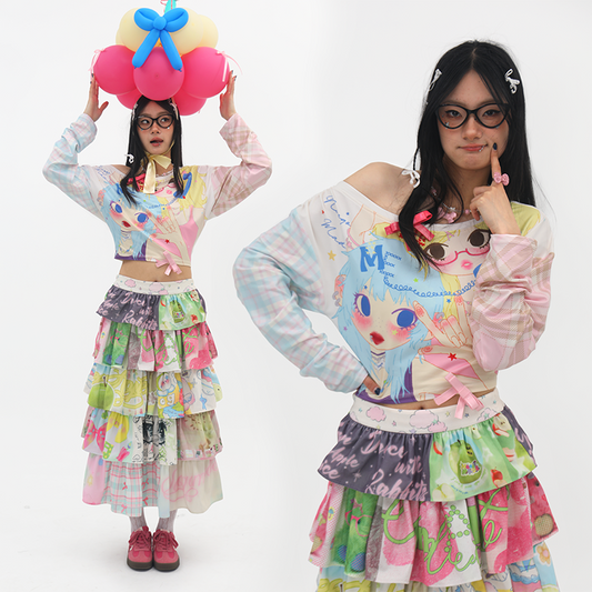 NeogoMade Twin Stars Crop Top | Harajuku Kawaii Off-Shoulder Plaid T-shirt tshirt NeogoMade
