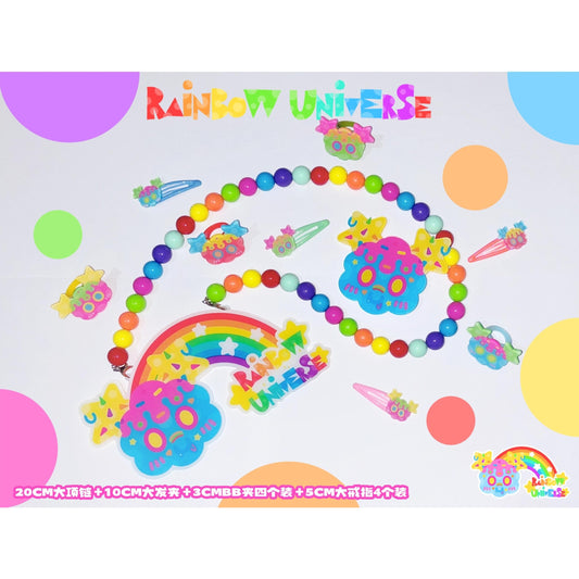 Rainbow Galaxy Rux - Decora Kei Acrylic Necklace, Rings & Hair Clips Set accessory rainbow galaxy rux Rainbow Set