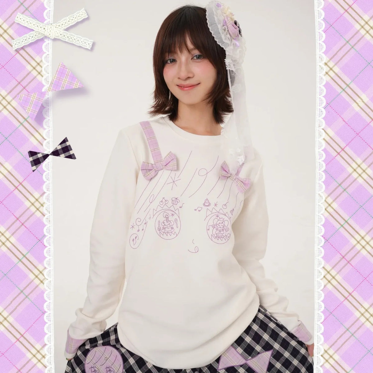 RabbitRain - Birthday Cake Bow Embroidered Sweatshirt shirt RabbitRain White And Pink S