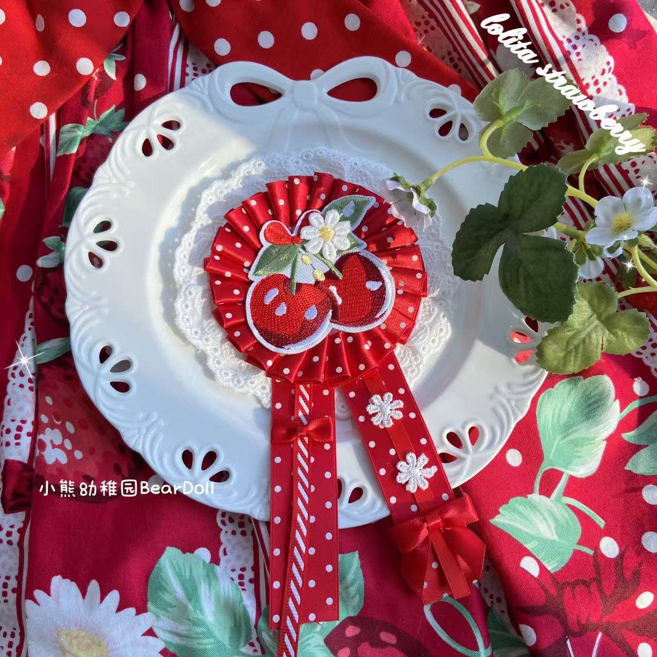 Bear Doll - Kawaii Strawberry Cherry Pin hair clip Bear Doll Red polka dot cherries