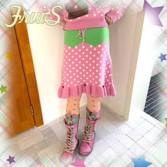 FRUITS - Kawaii Strawberry Polka Dot Knit Skirt skirt Fruits S