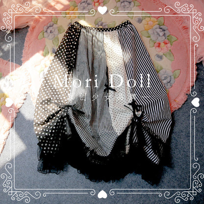 Mori Doll – Bow Patchwork Midi Skirt skirt Mori Doll Black S