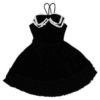 daytoday everyday institute - Girly Fashion Velvet Bow Black Flare Dress dress daytoday everyday institute S