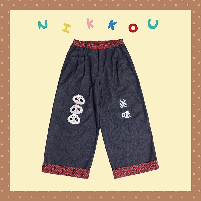 NIKKOU - Steamed Bun Embroidered Wide-Leg Jeans pants Nikkou home S