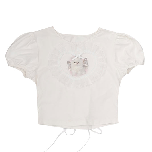 Harajuku T-shirt Angel Cat T-shirt Heart Lace Tee Puff Sleeve T-shirt tshirt daytoday everyday institute
