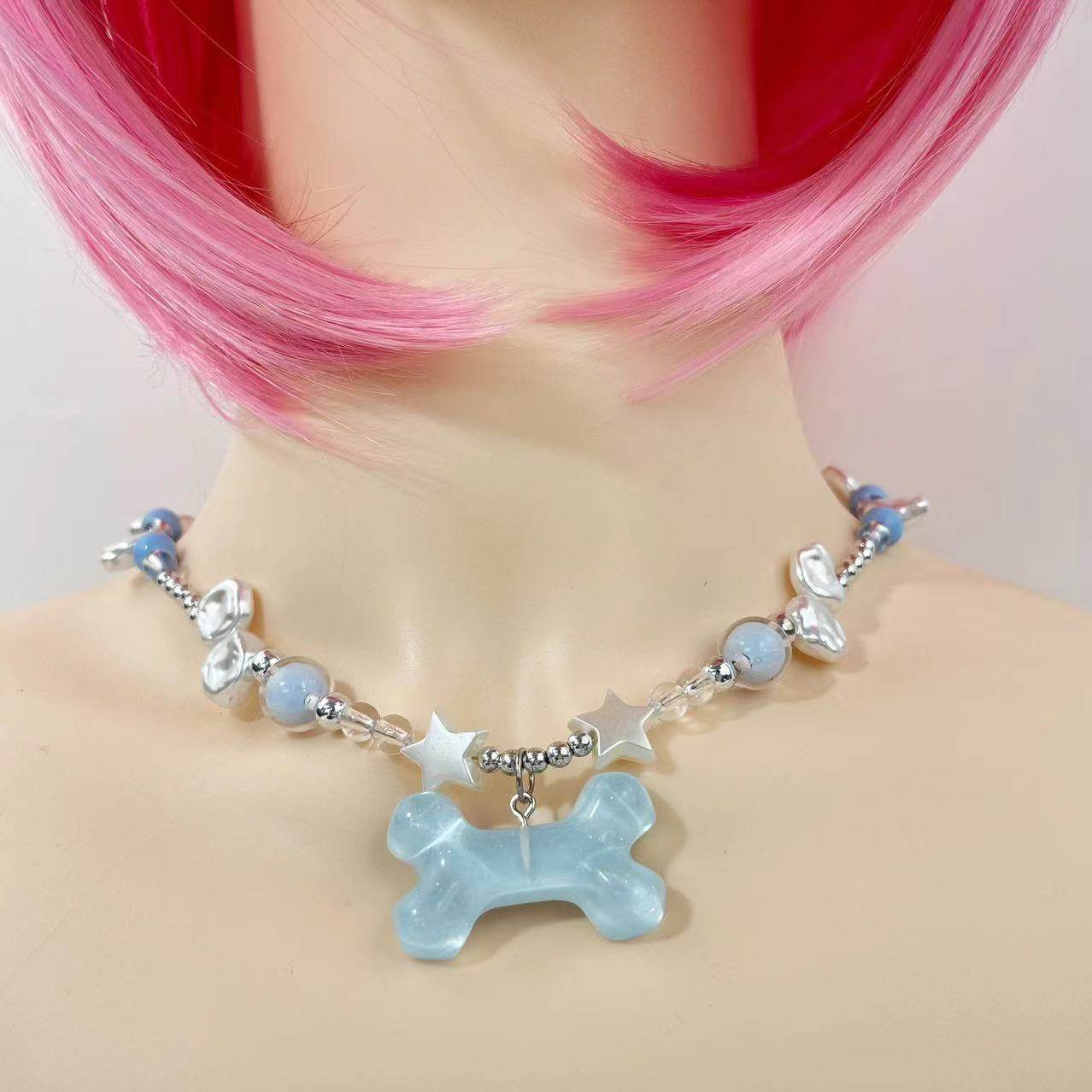 Y2K Clear Bone Pendant Necklace necklace none Blue